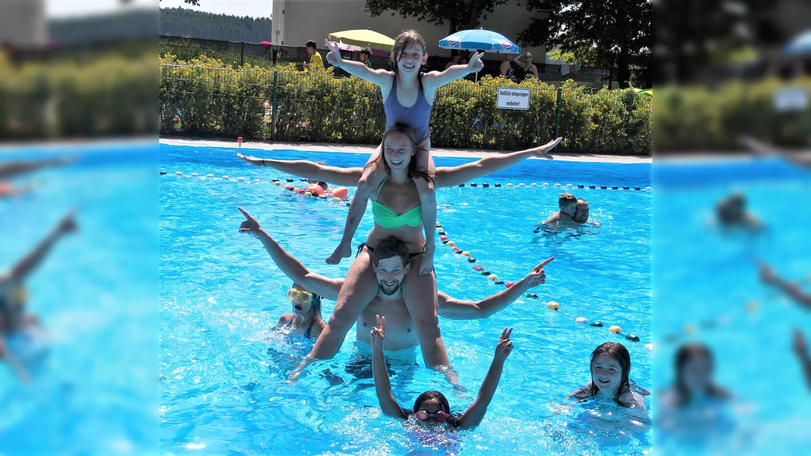 Die Spielaktion im Freibad garantiert nassen Wasserspaß und eine willkommene Abkühlung!  (Foto: ECHO e.V.)