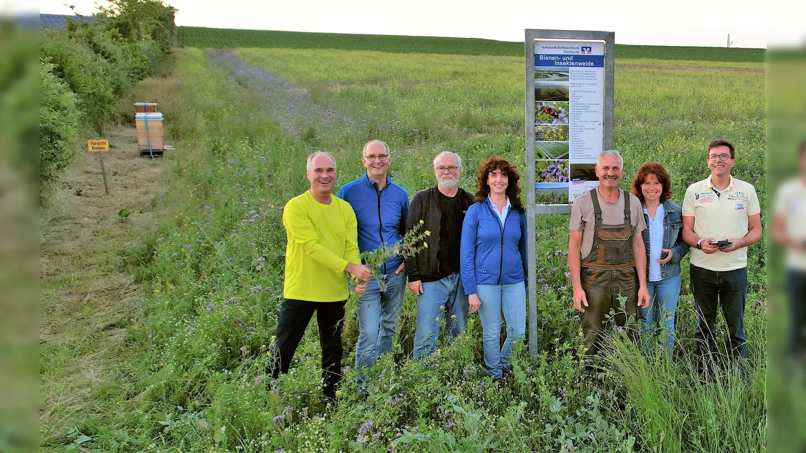 Christian Seebauer, Martin Richter, Kreisimker Walter Niedermeier, Michaela Steiner, Landwirt Stefan Harrer mit seiner Frau Helga und Thomas Lichtenstern (von li) vor der ökologischen Blühfläche in Vierkirchen. (Foto: VR-Bank Dachau)