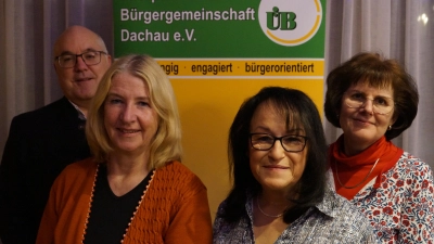 Die Vereinsvorsitzenden Jürgen Schleich (links) und Renate Rösch (rechts) ehrten Ingrid Sedlbauer (links vorne) und Maria Kaltner. (Foto: ÜB Dachau e.V.)