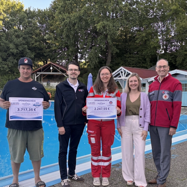 Freude bei der Spendenübergabe (v.l.): Thomas Möckl (Freibad Ainhofen), Dennis Behrendt (BRK-Kreisgeschäftsführer), Alina Huber (Wasserwacht Ainhofen), Annemarie Herrmann (CACEIS Bank) und Bernhard Seidenath (BRK-Kreisvorsitzender). (Foto: BRK Dachau)