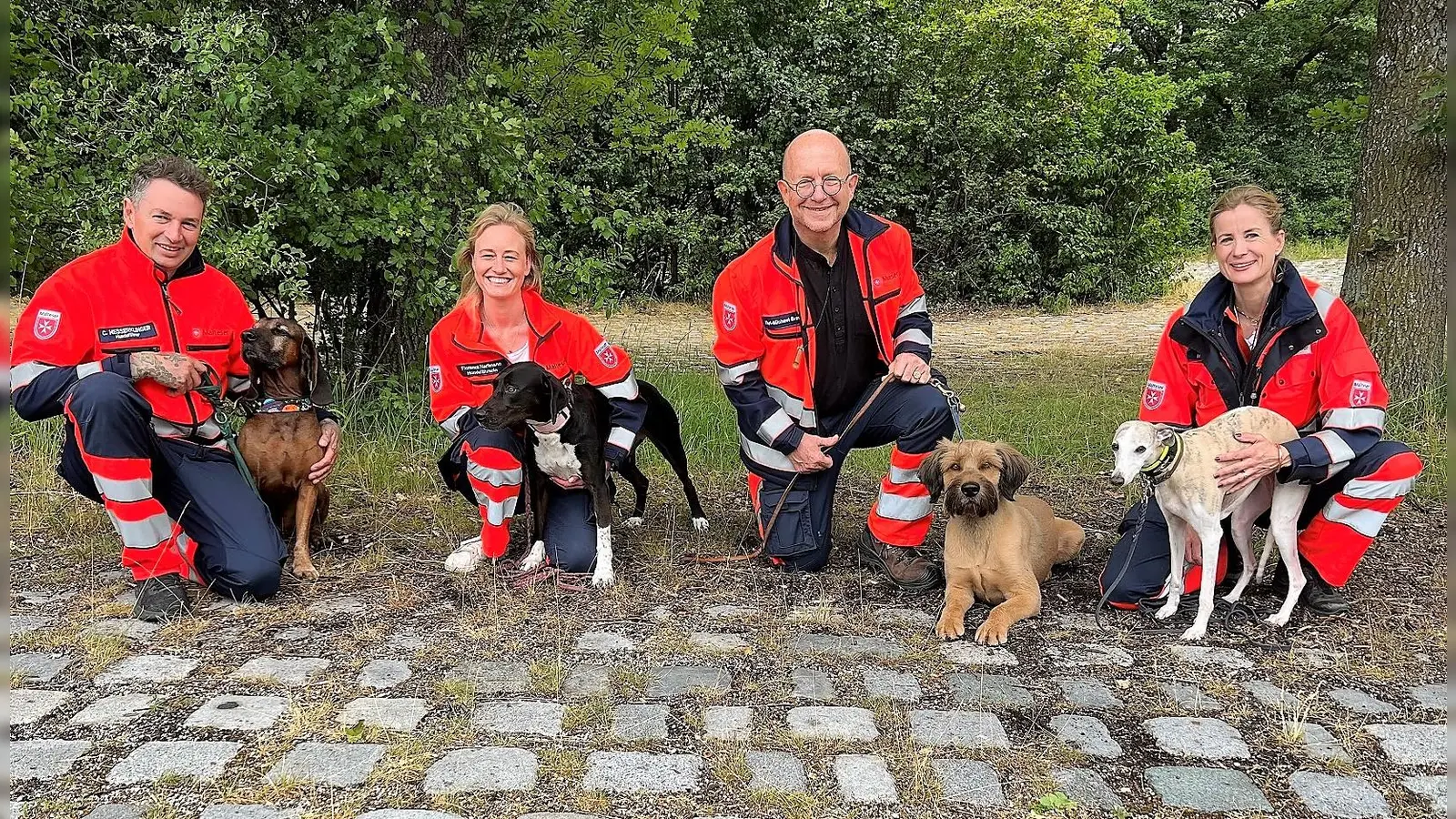 Die Dachauer Mantrailer-Teams (von li) der Bayerische Gebirgsschweißhund Gusti mit Christian Messerklinger, Bracken-Mix Mali mit Fiorenza Hartmann, Schnauzer-Ducktoller-Mix Watson mit Karl-Michael Brand und Whippet Socke mit Jutta Delf. (Foto: Malteser)