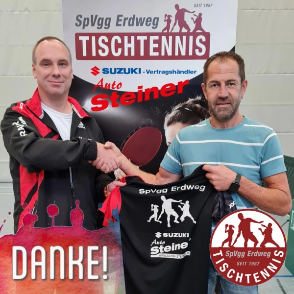 Marcus Ölsner, Abteilungsleiter Tischtennis (li), bedankt sich herzlich bei Inhaber Roland Steiner (re) für die Finanzspritze. (Foto: SpVgg Erdweg TT-Abteilung)