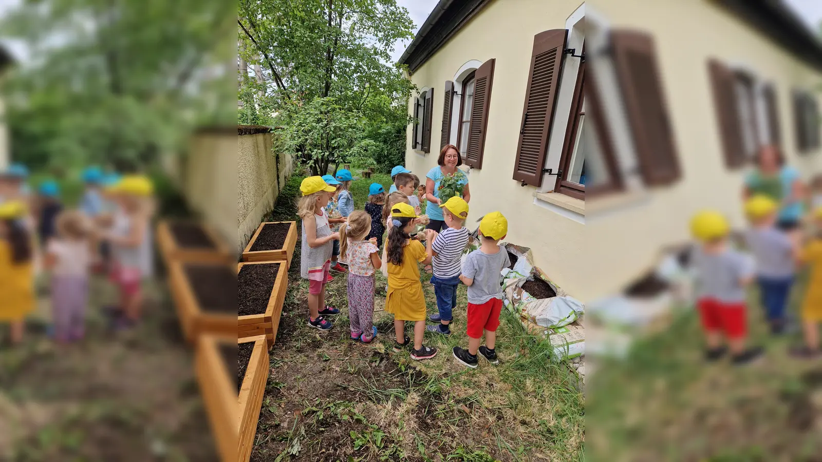 Gemeinsames Bepflanzen der neuen Gemüsebeete mit Frau Anders, Vorsitzende des Gartenbauvereins. (Foto: Kindergarten Wirbelwind)