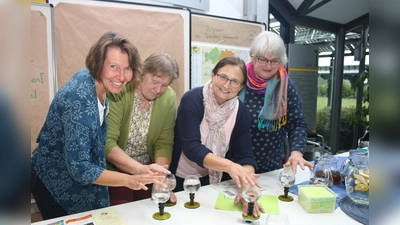 Vor zwei Jahren brachten die Vorstandsmitglieder der Petersberg-Gemeinschaft (von links) Katharina Balle-Dörr, Clara Daum, Anne Sedlmair und Barbara Gronegger das Wasser in Weingläsern zum Klingen. (Foto: KLVHS Petersberg )