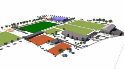 Visualisierung des Standorts der neuen Dr.-Elisabeth-Bamberger-Schule in Sulzemoos. In blau der Neubau mit umliegendem Gelände und Sportplätzen.  (Foto: Franziskuswerk)