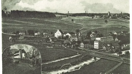 Eine historische Aufnahme der Gemeinde Erdweg mit dem neuen Bahnhof nach 1913. (Foto: Sammlung Witschel)